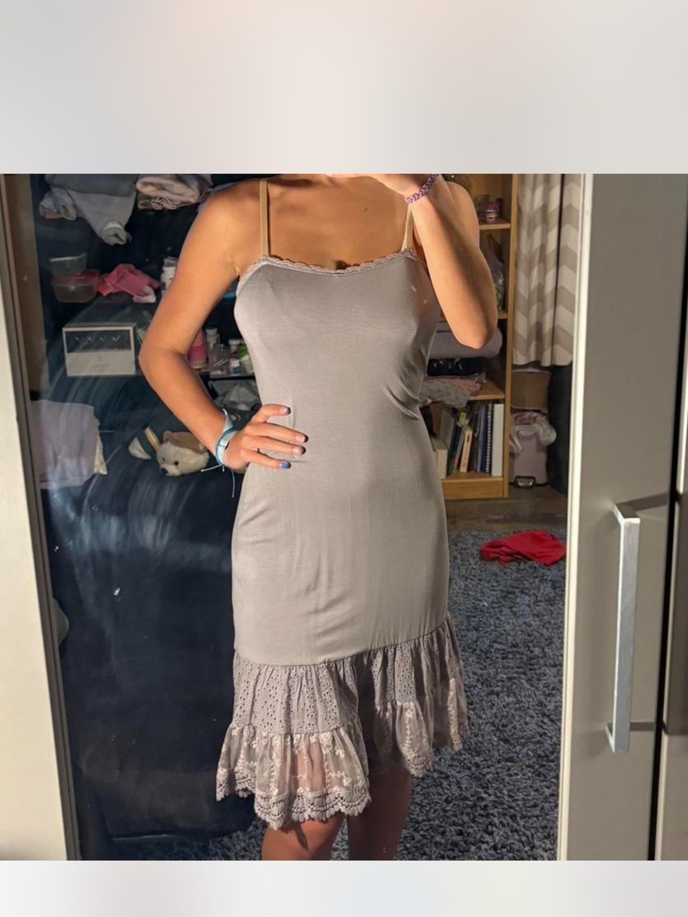 Matilda Jane Taupe Spaghetti-Strap Midi slip/ extender with Lace Ruffle